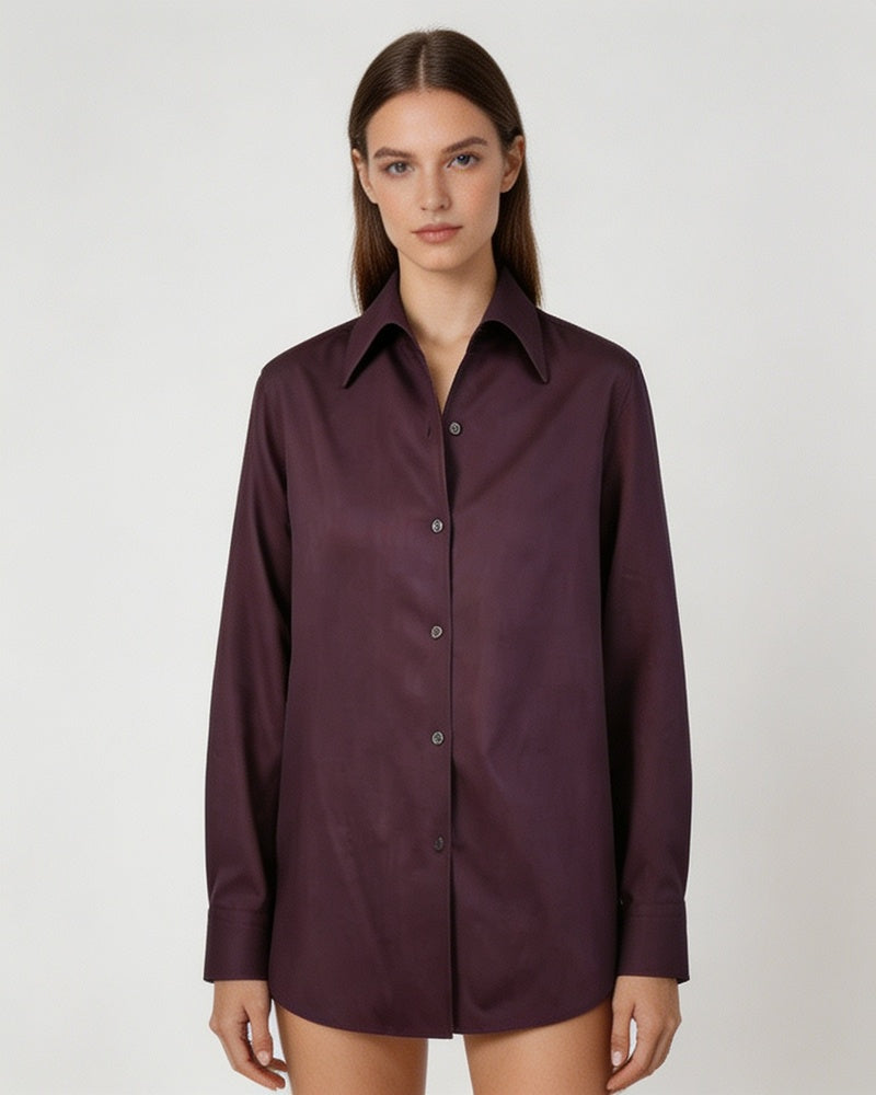 Dark Plum Tencel Linen One-Piece Collar Minimalist Blouse Suitpure