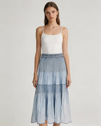 Mist Blue Ruched Denim A-Line Maxi Skirt with Elastic Waist Suitpure