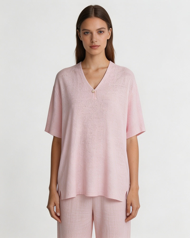 V-Neck Wool Linen Relaxed Knit Short Sleeve Top Suitpure