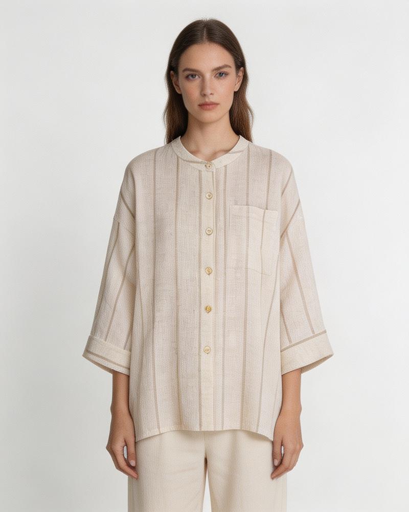 Dew-Retted Linen Striped 3/4 Sleeve Relaxed Blouse Suitpure