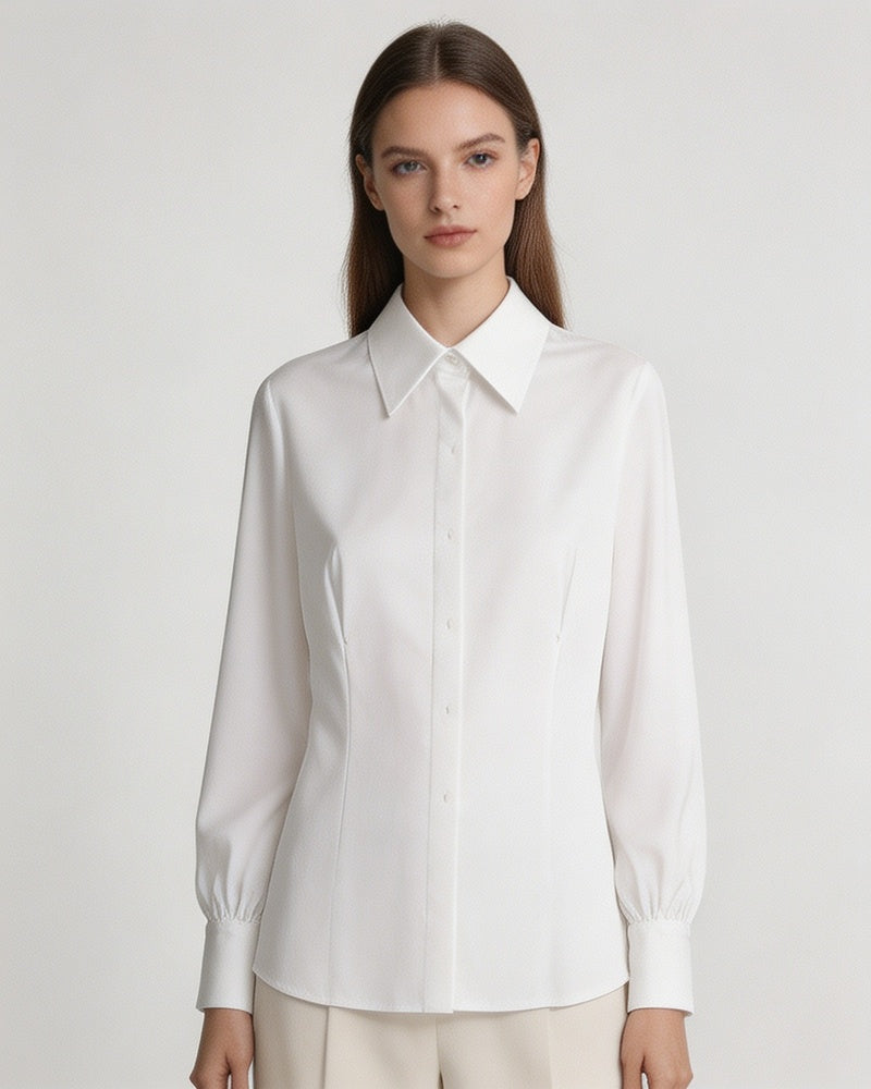 Plain White Flowing Waist-Cinching Blouse | Seamless Drape Suitpure