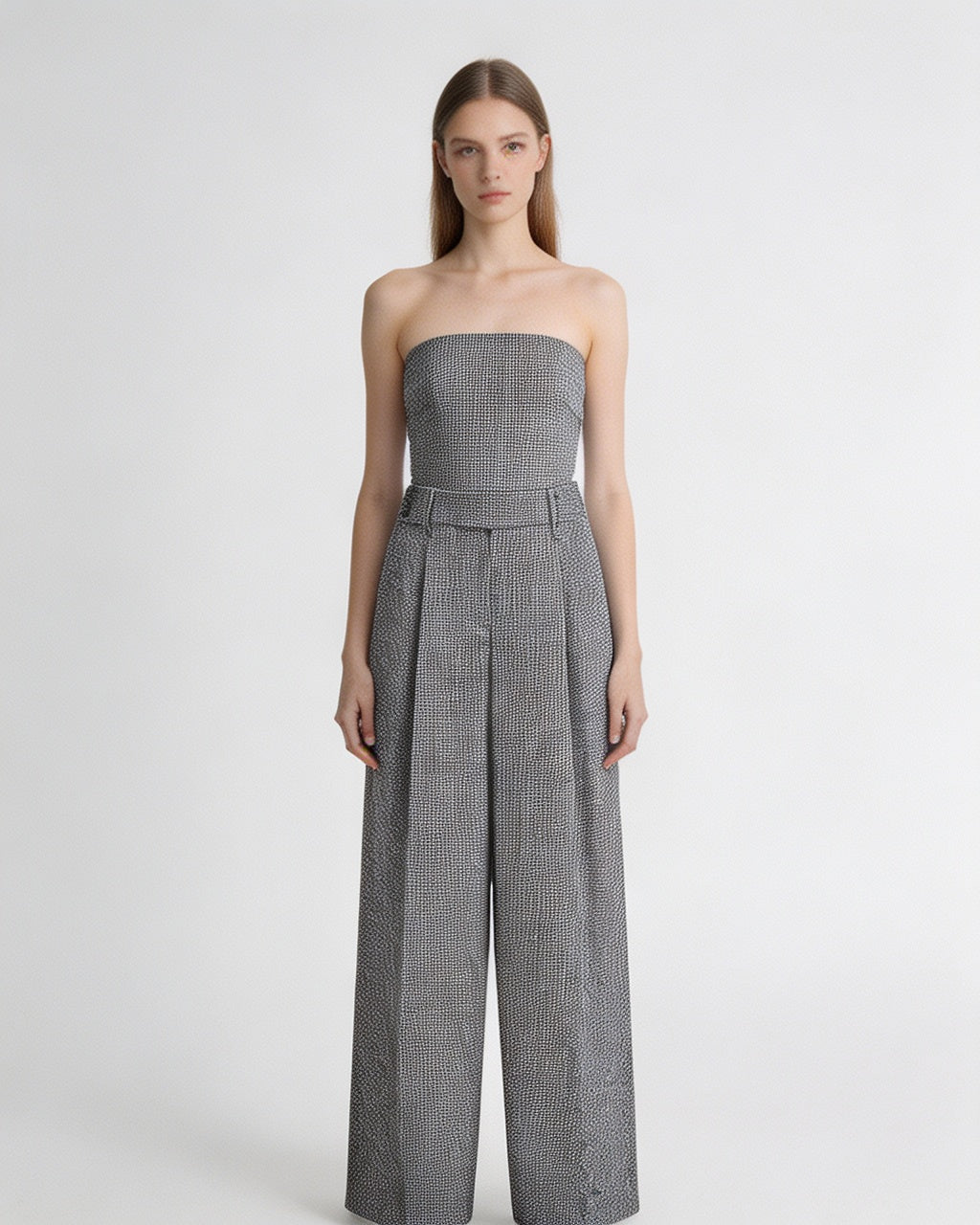 Black White Houndstooth Slub Linen High-Rise Wide-Leg Trousers Suitpure