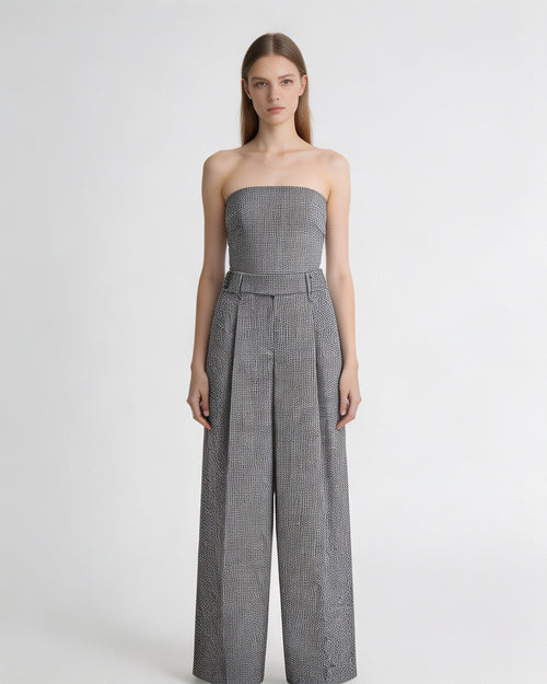 Black White Houndstooth Slub Linen High-Rise Wide-Leg Trousers Suitpure
