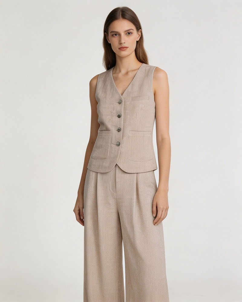 Relaxed Fit Linen Stripe Vest & Wide-Leg Pants Set Suitpure