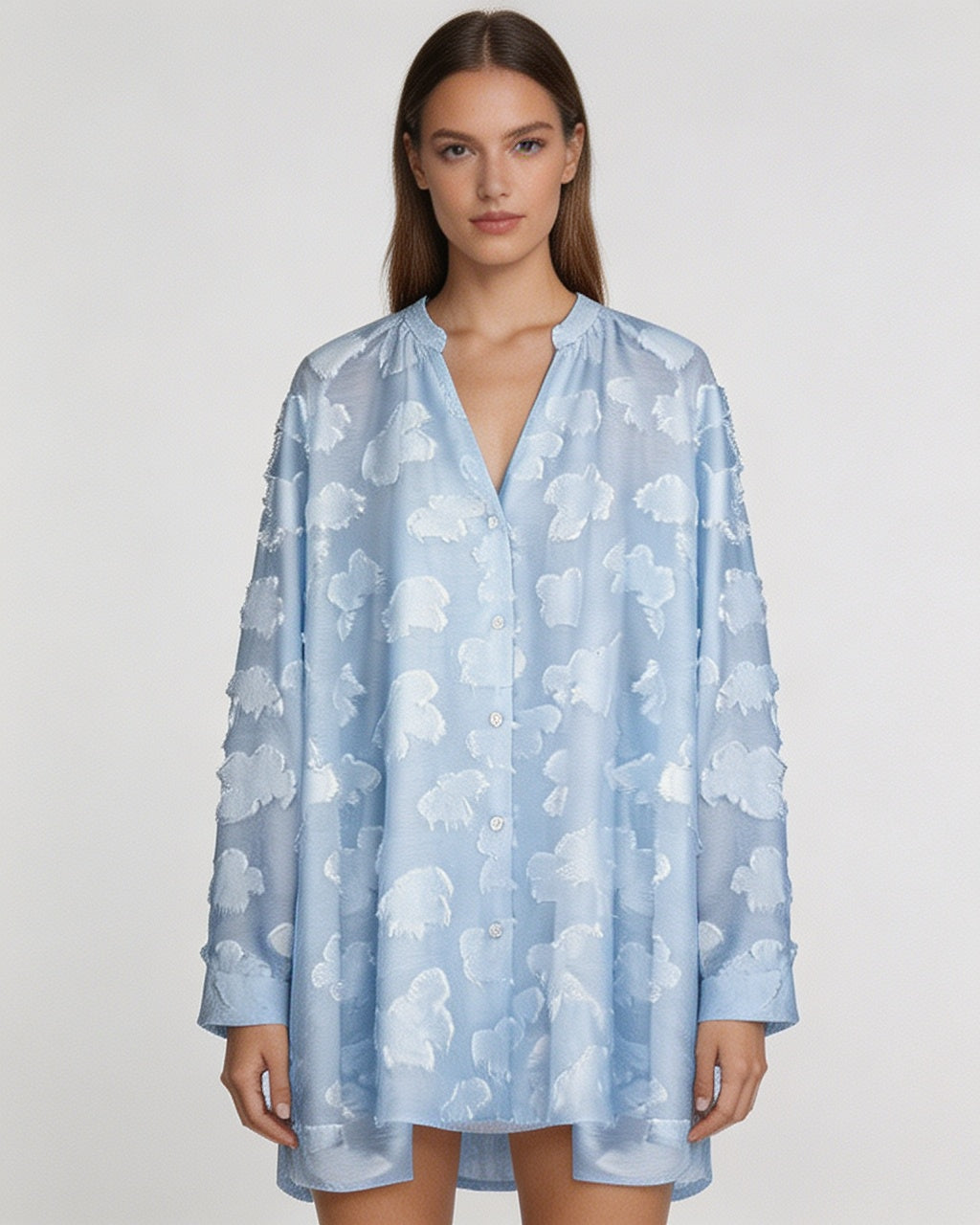 Sky Blue V-Neck Shirred Oversized Blouse Suitpure