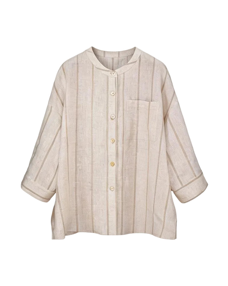 Dew-Retted Linen Striped 3/4 Sleeve Relaxed Blouse Suitpure