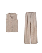 Relaxed Fit Linen Stripe Vest & Wide-Leg Pants Set Suitpure