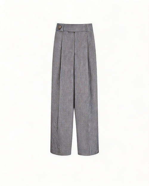 Black White Houndstooth Slub Linen High-Rise Wide-Leg Trousers Suitpure