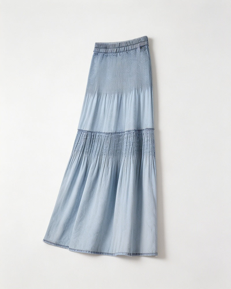 Mist Blue Ruched Denim A-Line Maxi Skirt with Elastic Waist Suitpure