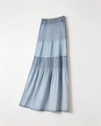 Mist Blue Ruched Denim A-Line Maxi Skirt with Elastic Waist Suitpure