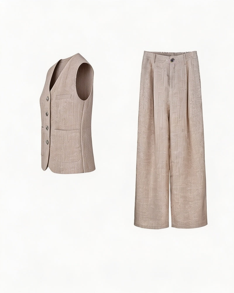 Relaxed Fit Linen Stripe Vest & Wide-Leg Pants Set Suitpure