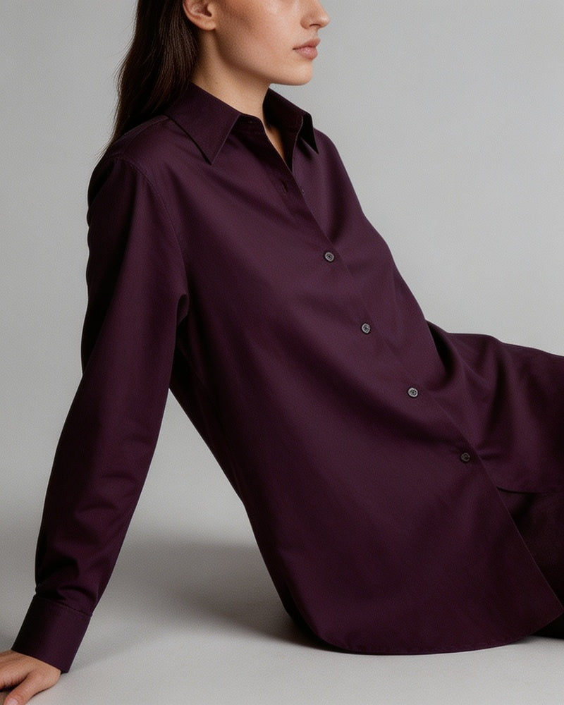 Dark Plum Tencel Linen One-Piece Collar Minimalist Blouse Suitpure