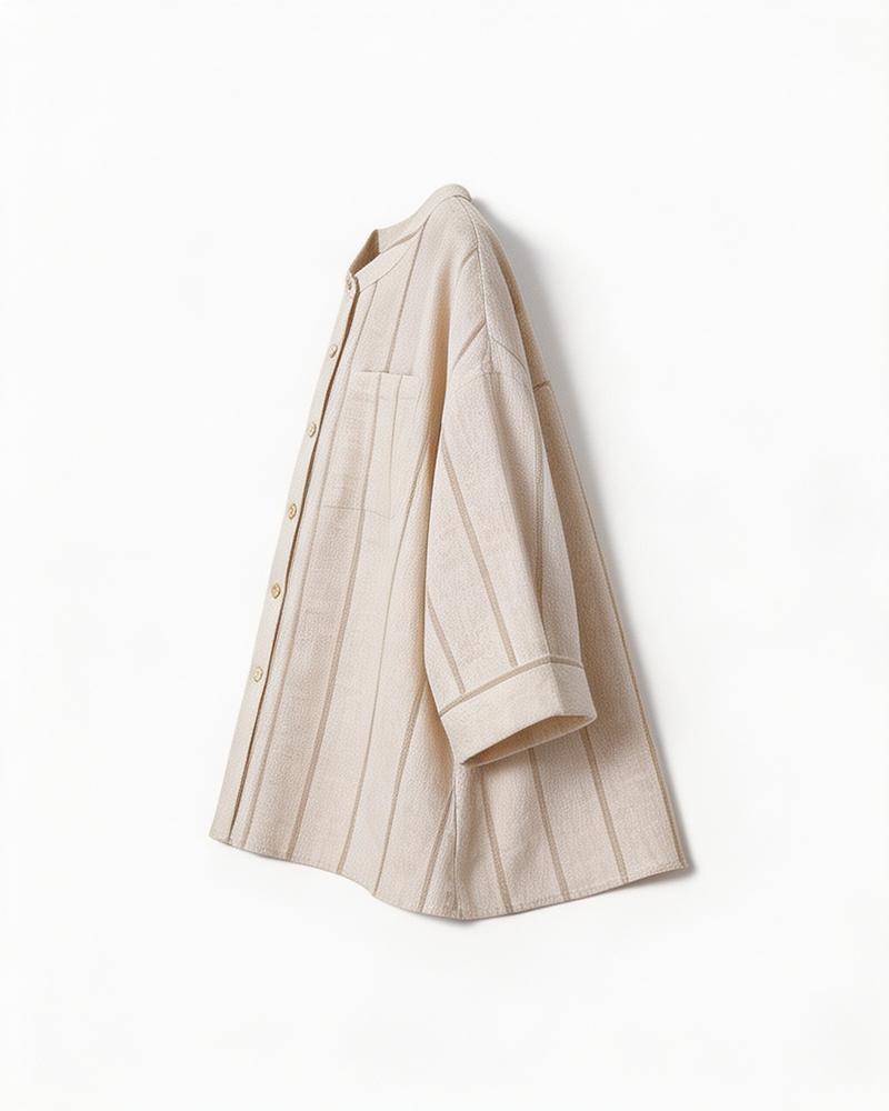 Dew-Retted Linen Striped 3/4 Sleeve Relaxed Blouse Suitpure