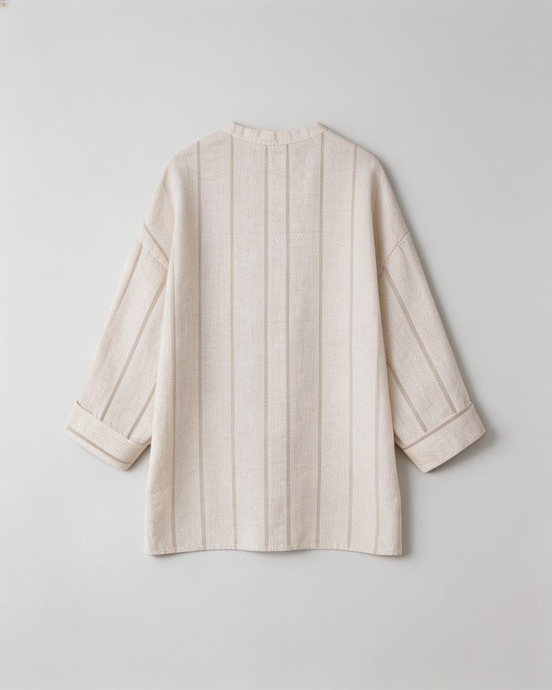 Dew-Retted Linen Striped 3/4 Sleeve Relaxed Blouse Suitpure