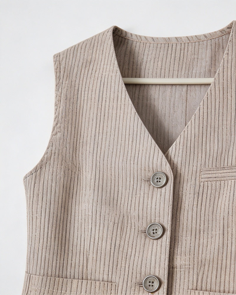Relaxed Fit Linen Stripe Vest & Wide-Leg Pants Set Suitpure