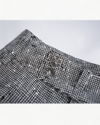 Black White Houndstooth Slub Linen High-Rise Wide-Leg Trousers Suitpure