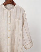 Dew-Retted Linen Striped 3/4 Sleeve Relaxed Blouse Suitpure