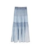 Mist Blue Ruched Denim A-Line Maxi Skirt with Elastic Waist Suitpure