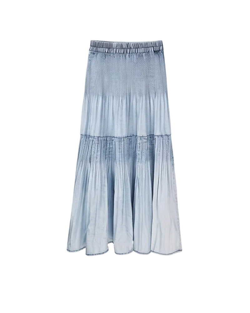 Mist Blue Ruched Denim A-Line Maxi Skirt with Elastic Waist Suitpure