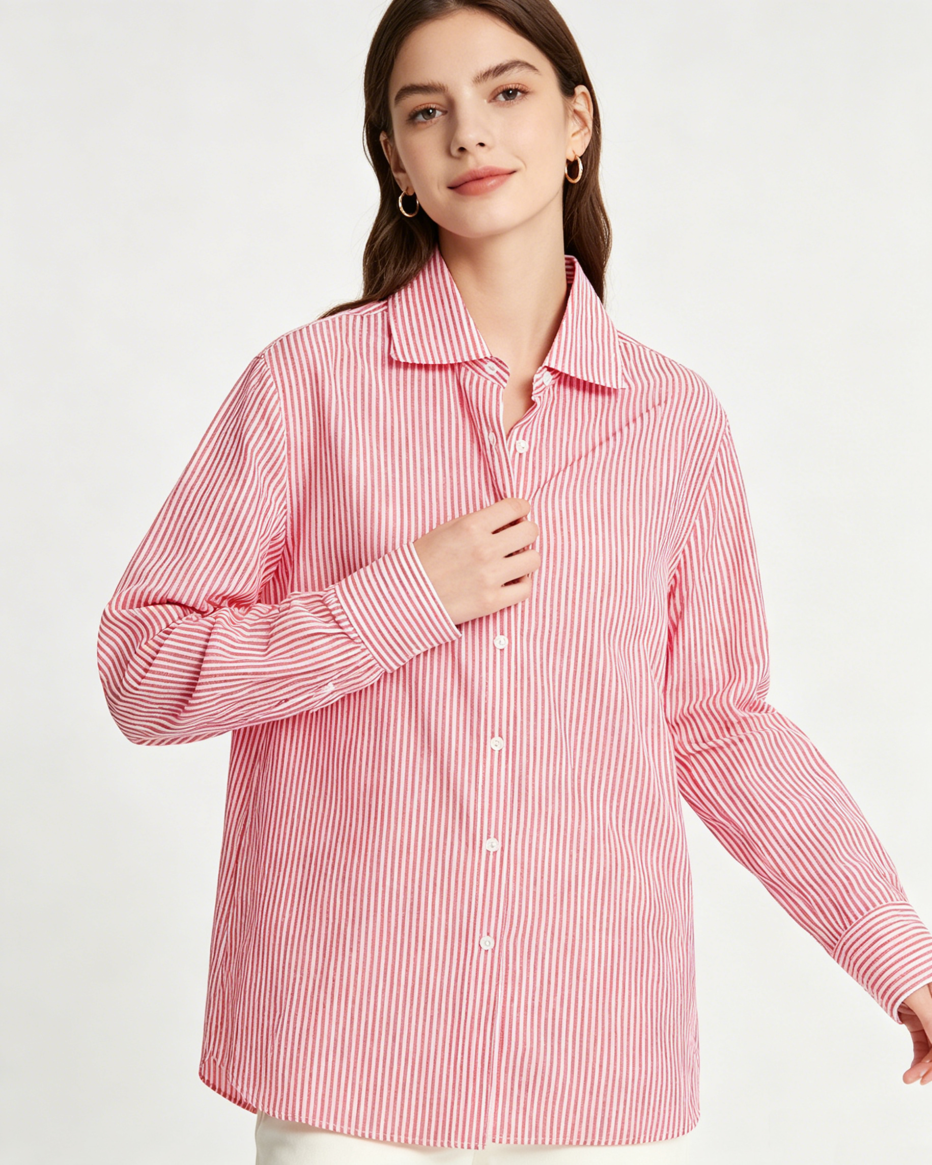 Breathable Red White Striped Long Sleeve Work Blouse Suitpure