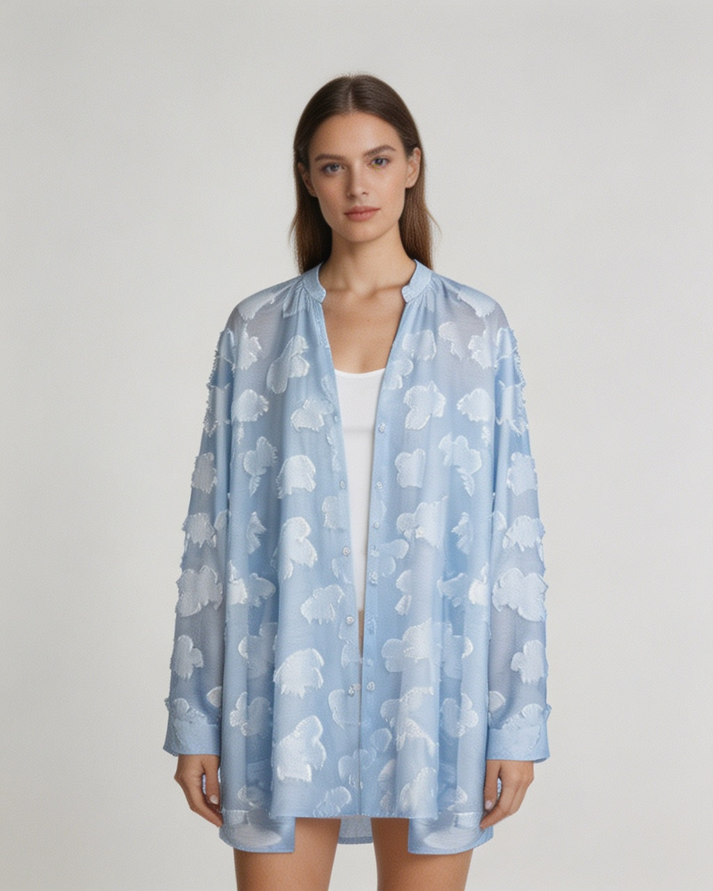 Sky Blue V-Neck Shirred Oversized Blouse Suitpure