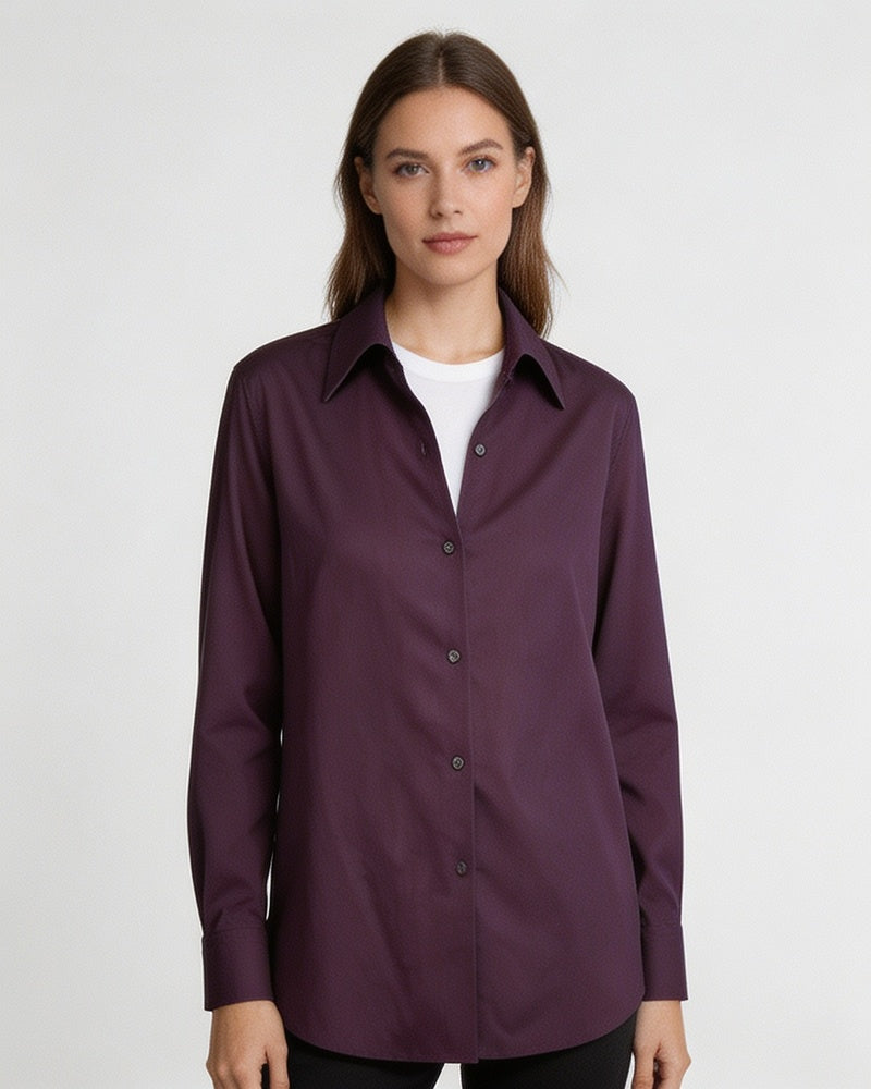 Dark Plum Tencel Linen One-Piece Collar Minimalist Blouse Suitpure