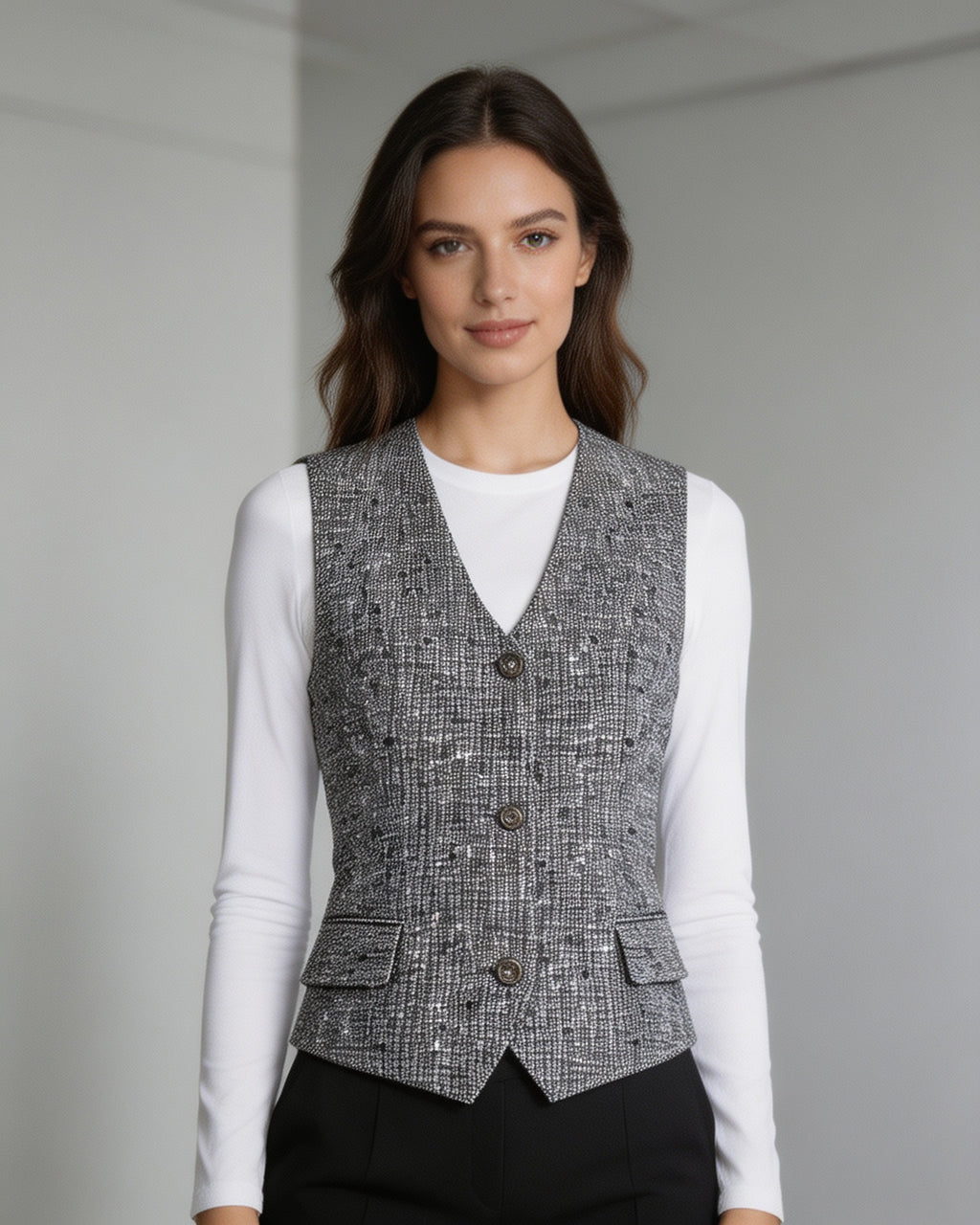 Black White Houndstooth Slub Linen Adjustable Vest Suitpure