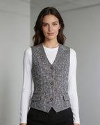 Black White Houndstooth Slub Linen Adjustable Vest Suitpure