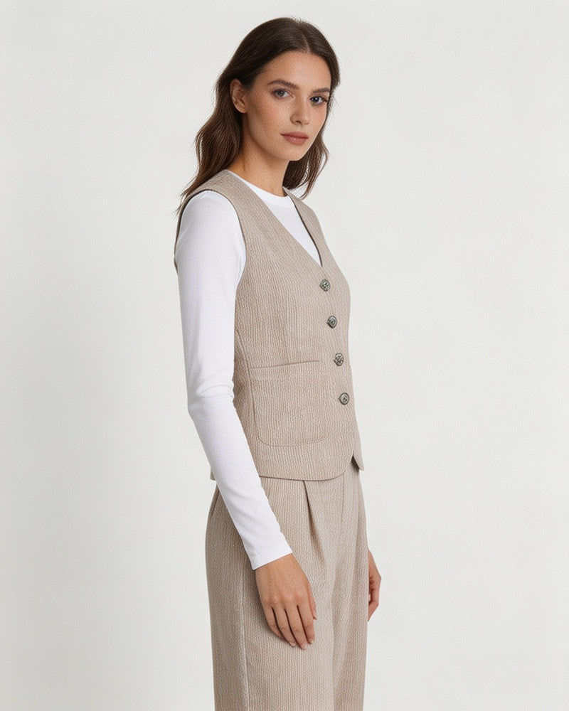 Relaxed Fit Linen Stripe Vest & Wide-Leg Pants Set Suitpure