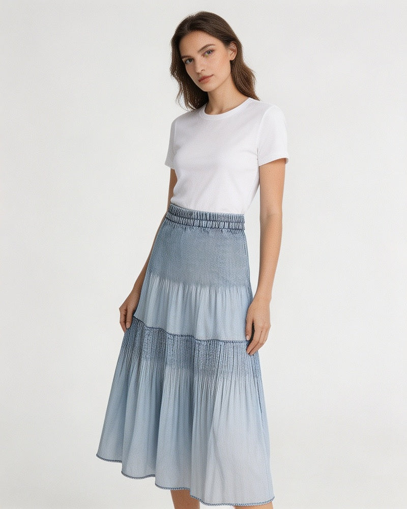 Mist Blue Ruched Denim A-Line Maxi Skirt with Elastic Waist Suitpure