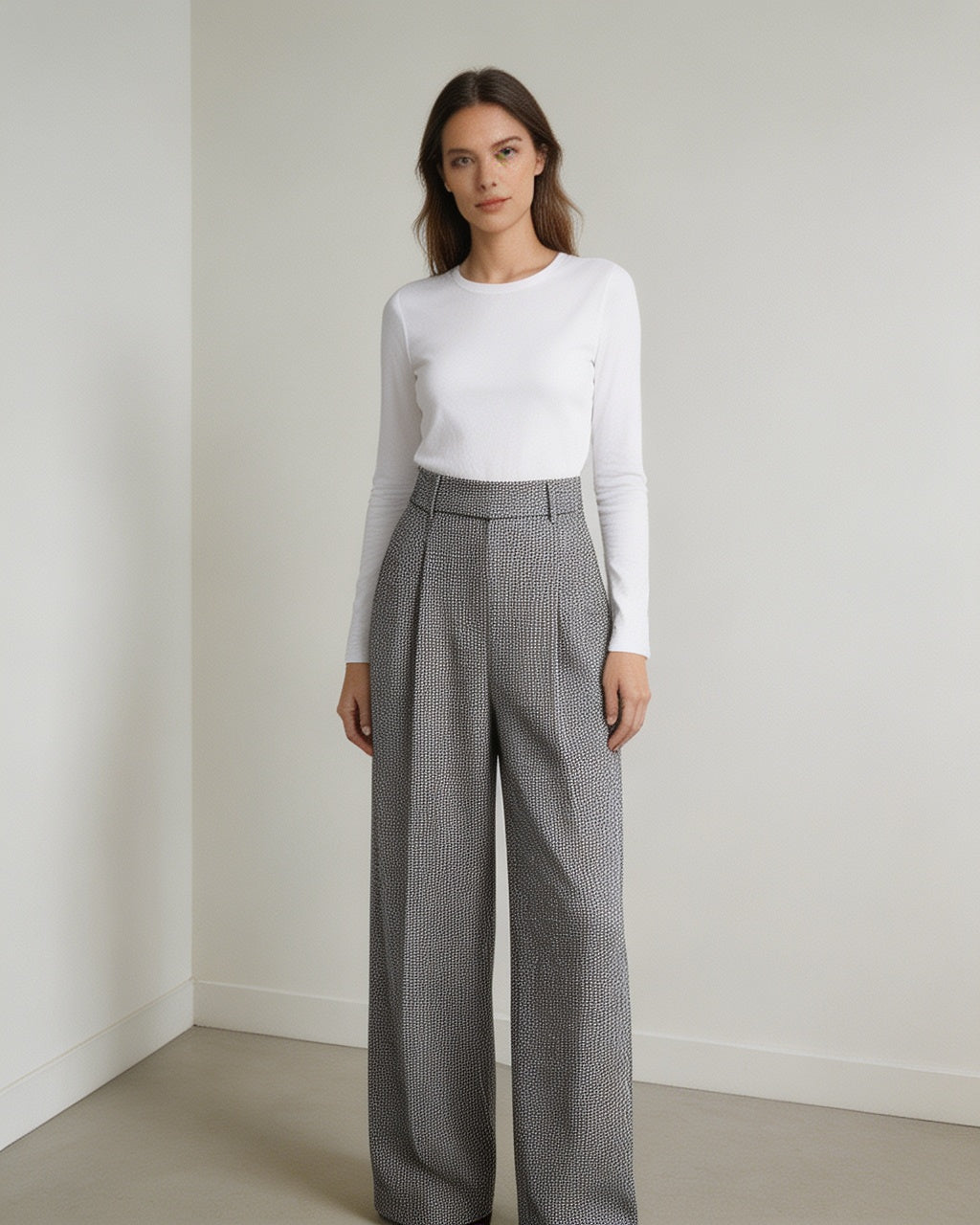 Black White Houndstooth Slub Linen High-Rise Wide-Leg Trousers Suitpure