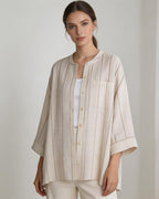 Dew-Retted Linen Striped 3/4 Sleeve Relaxed Blouse Suitpure