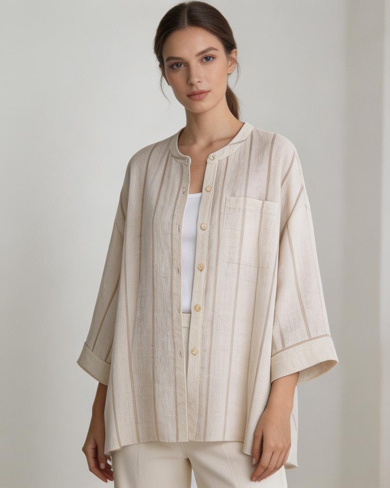 Dew-Retted Linen Striped 3/4 Sleeve Relaxed Blouse Suitpure