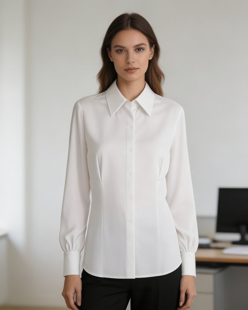 Plain White Flowing Waist-Cinching Blouse | Seamless Drape Suitpure