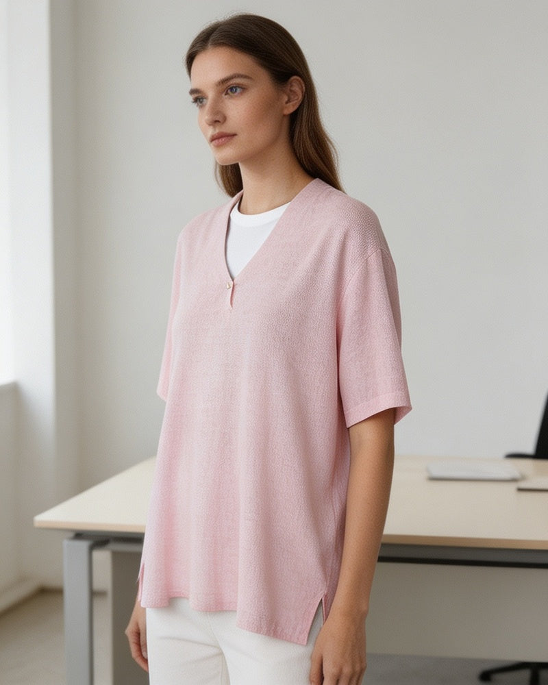 V-Neck Wool Linen Relaxed Knit Short Sleeve Top Suitpure