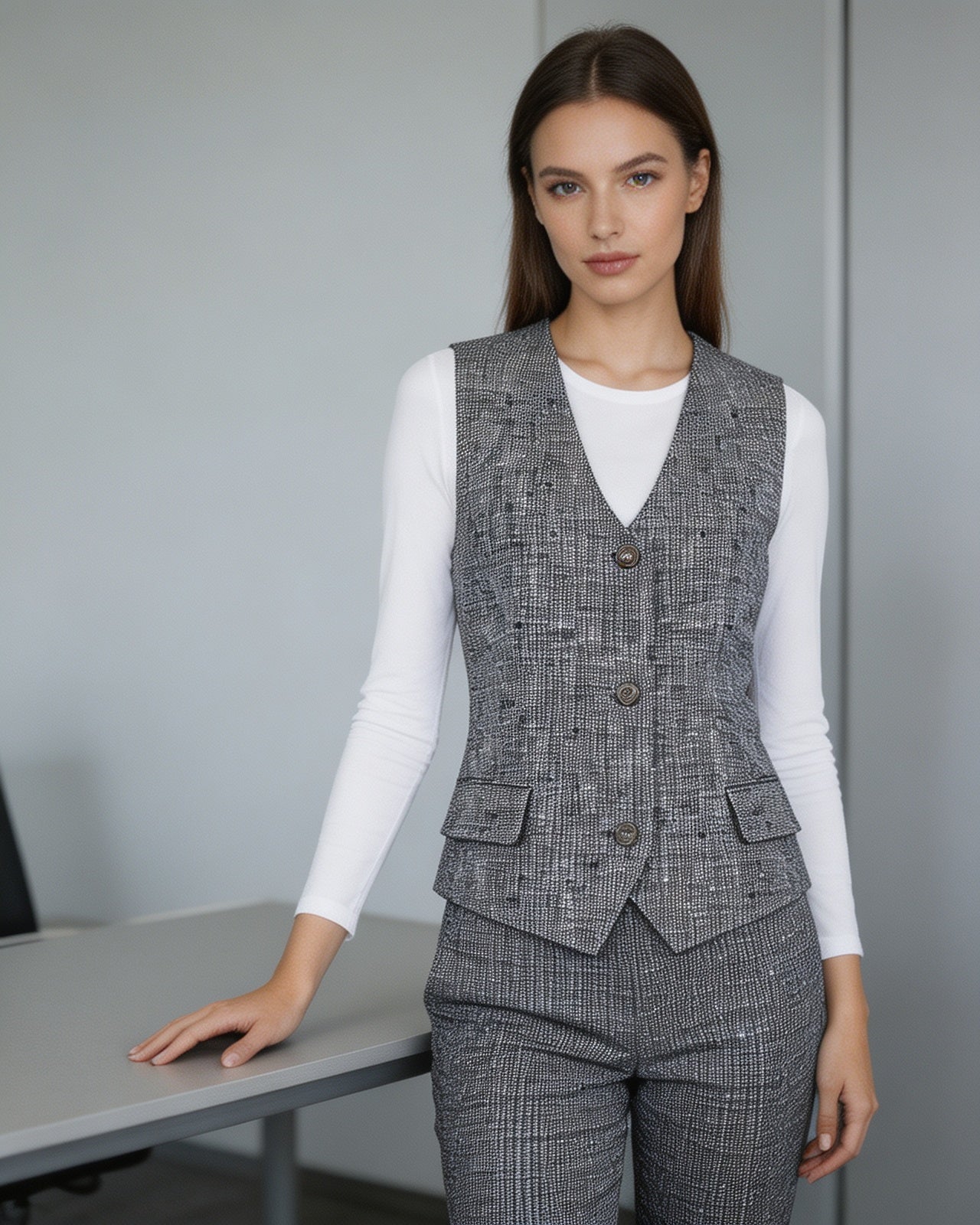 Black White Houndstooth Slub Linen Adjustable Vest Suitpure