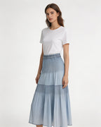 Mist Blue Ruched Denim A-Line Maxi Skirt with Elastic Waist Suitpure