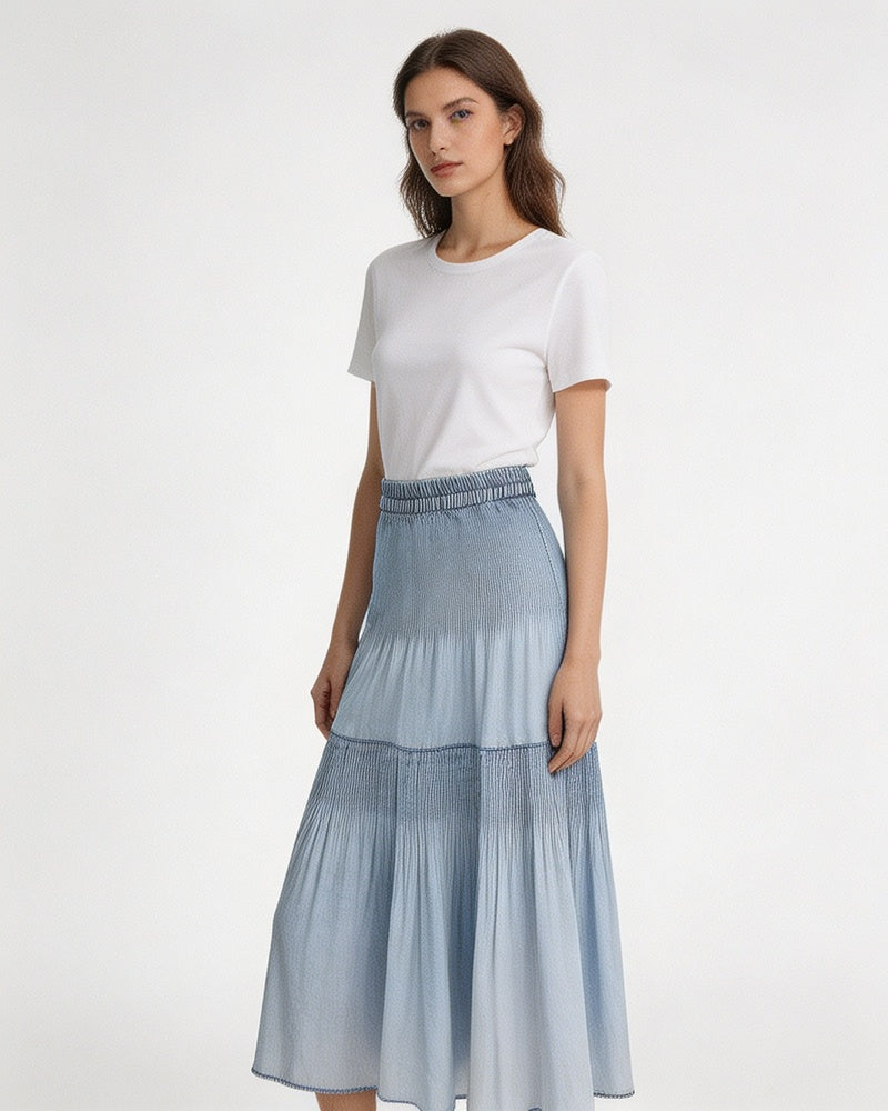 Mist Blue Ruched Denim A-Line Maxi Skirt with Elastic Waist Suitpure
