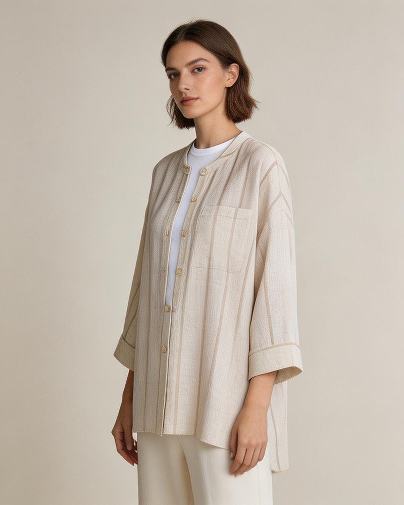 Dew-Retted Linen Striped 3/4 Sleeve Relaxed Blouse Suitpure