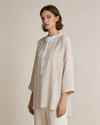 Dew-Retted Linen Striped 3/4 Sleeve Relaxed Blouse Suitpure