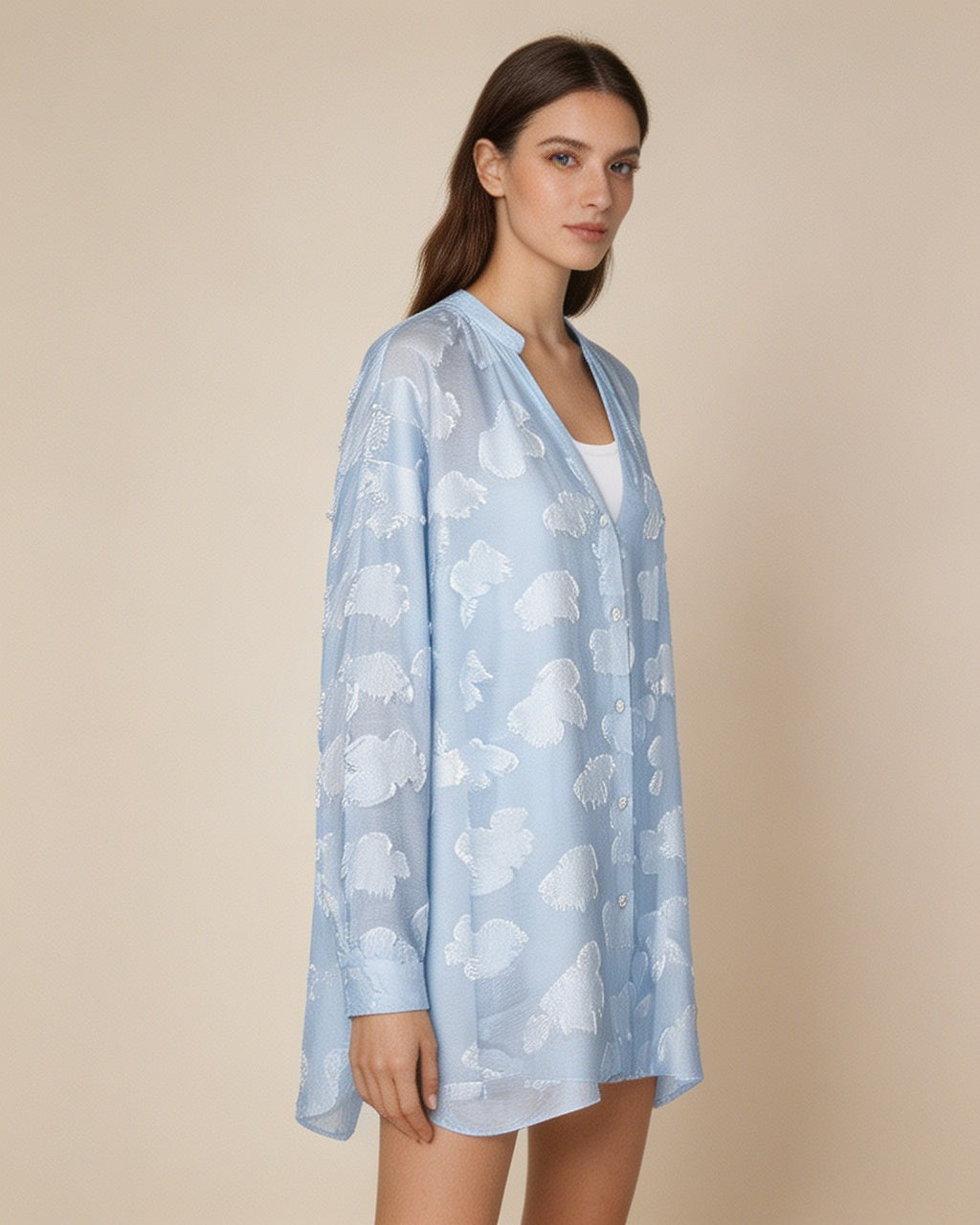 Sky Blue V-Neck Shirred Oversized Blouse Suitpure