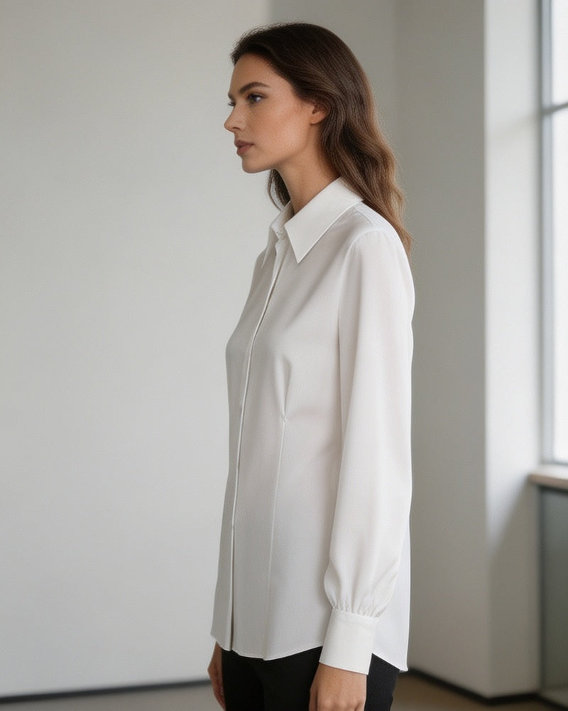Plain White Flowing Waist-Cinching Blouse | Seamless Drape Suitpure