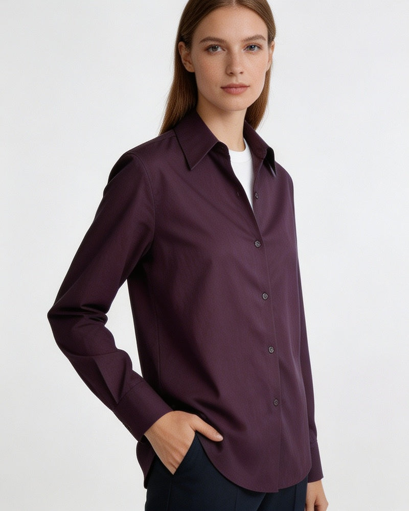 Dark Plum Tencel Linen One-Piece Collar Minimalist Blouse Suitpure