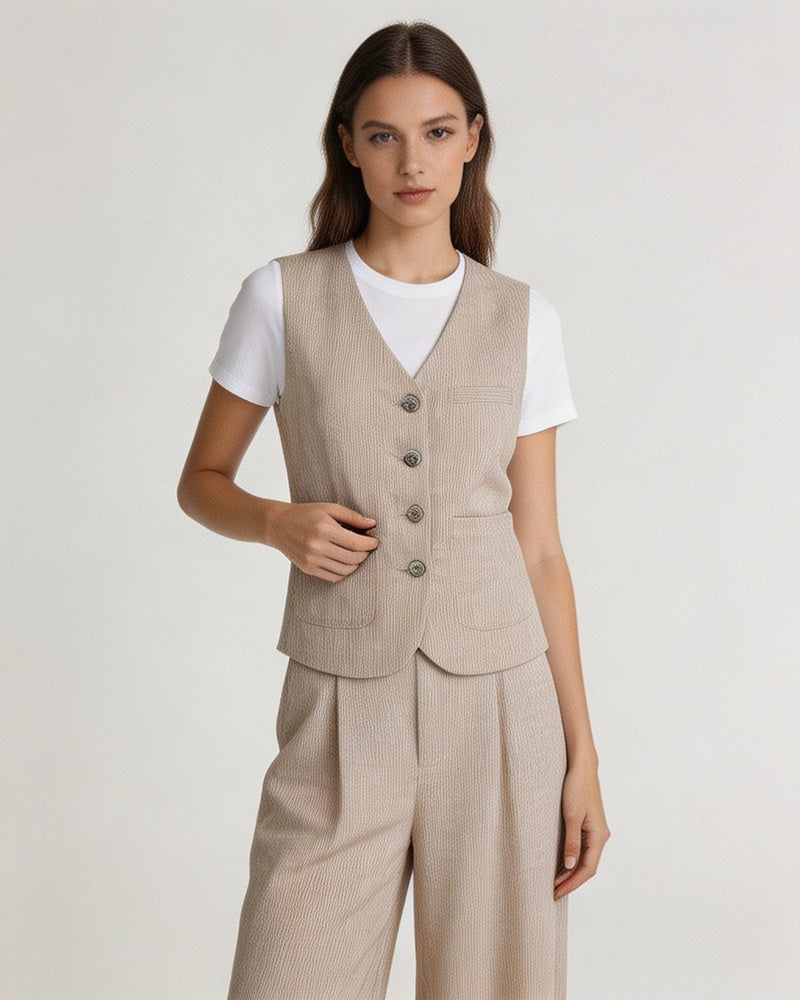 Relaxed Fit Linen Stripe Vest & Wide-Leg Pants Set Suitpure