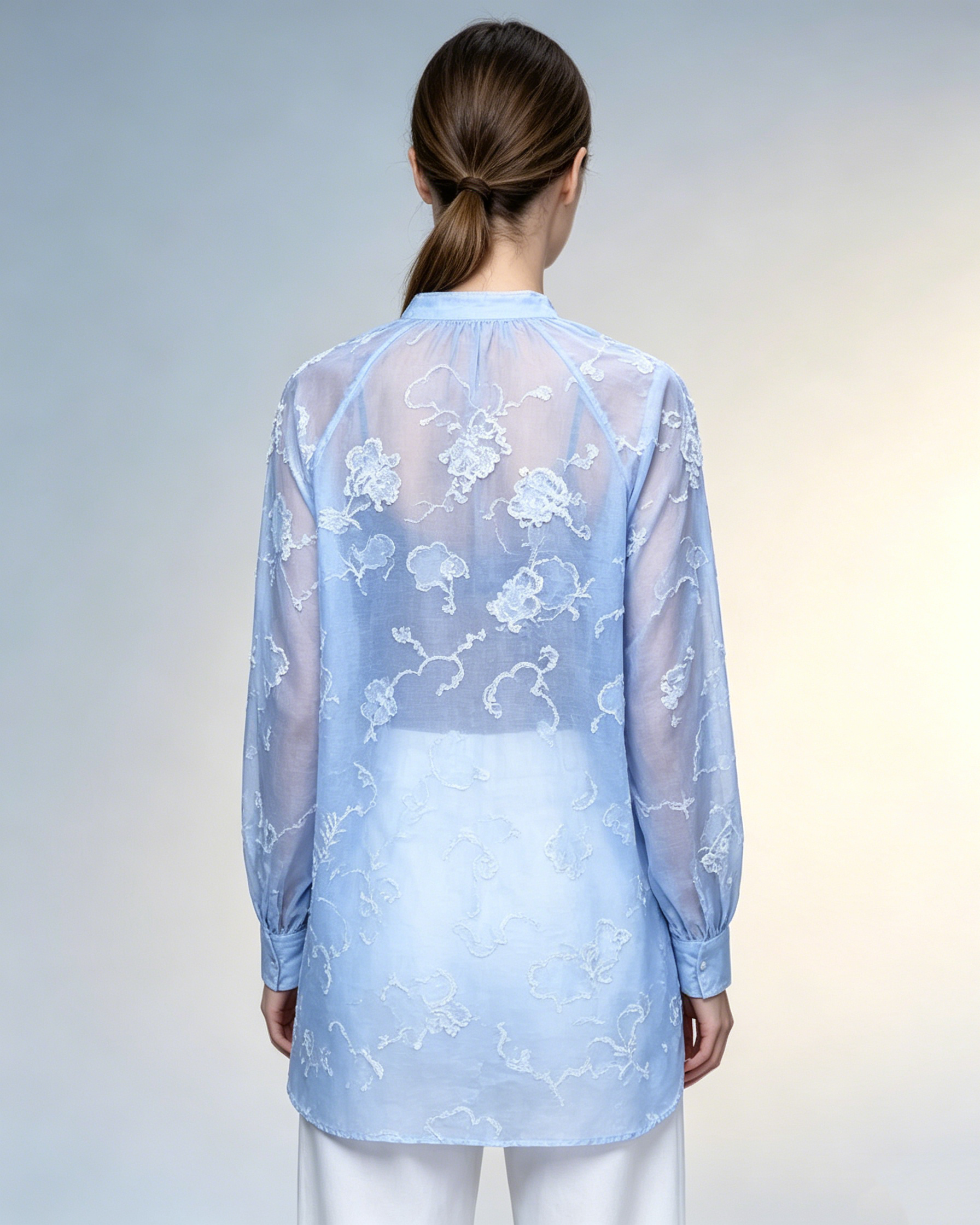 Relaxed Fit Light Blue Textured Jacquard Long Sleeve Blouse