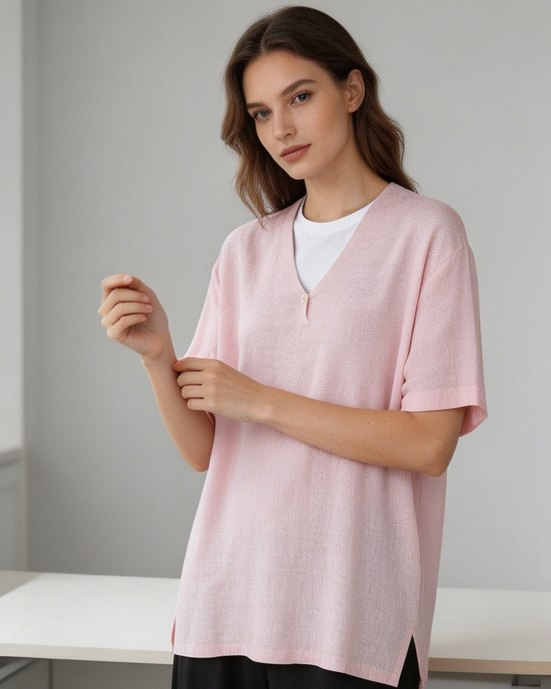 V-Neck Wool Linen Relaxed Knit Short Sleeve Top Suitpure