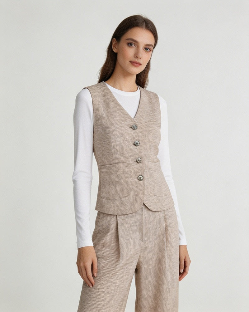 Relaxed Fit Linen Stripe Vest & Wide-Leg Pants Set Suitpure