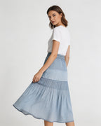 Mist Blue Ruched Denim A-Line Maxi Skirt with Elastic Waist Suitpure
