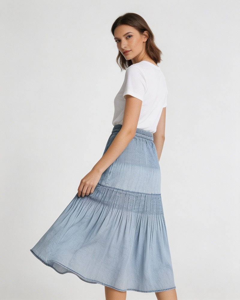 Mist Blue Ruched Denim A-Line Maxi Skirt with Elastic Waist Suitpure