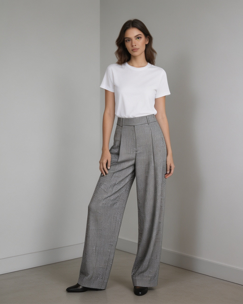 Black White Houndstooth Slub Linen High-Rise Wide-Leg Trousers Suitpure